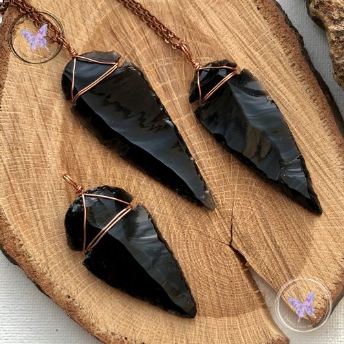 Black Obsidian Arrowhead Copper Pendant